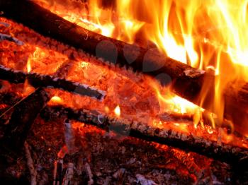 burning wood in bright and hot fire background