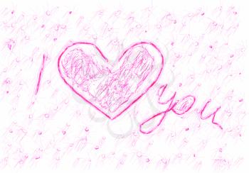 abstract drawing with text i love you and the heart
