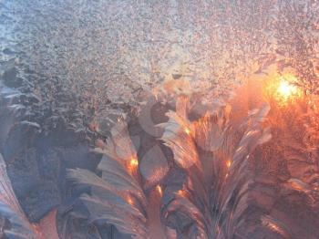ice pattern and sunlight on winter glass
