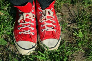 Feet in red sneakers in green grass 