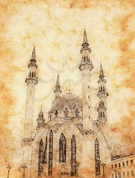 Vintage background with image of Kul Sharif mosque, Kazan, Russia, Republic of Tatarstan                               