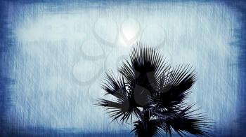 Palm tree and sun abstract blue background