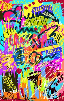 Bright multi-colored untidy background with scrawl and curl