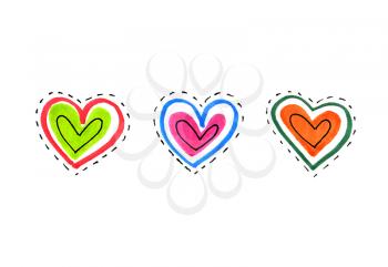 Set of bright color hearts on white background