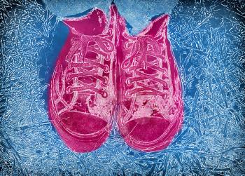 Abstract blue background with feet in pink bright sneakers 