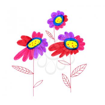 Decorative bright freehand drawing flowers on white background