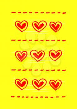 Bright yellow background with abstract red heart pattern