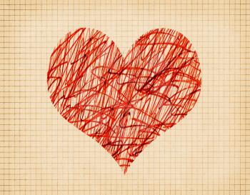 Abstract red heart with messy pattern on old school cell paper background