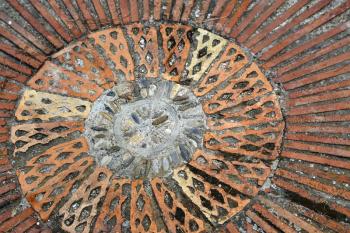 Cobble round mosaic. Patterned floor walkway in the park, Montjuic, Barcelona, Spain