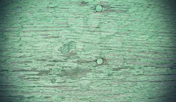 Close-up of old green painted weathered wooden vintage texture with nails