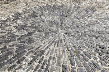 Pavement with concentric pattern. Patterned floor walkway in the park, Montjuic, Barcelona, Spain