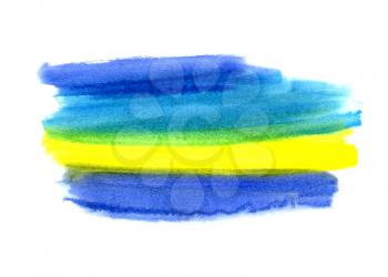 Bright blue and yellow watercolor blot on white background, hand made drawing