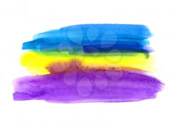 Bright blue, lilac and yellow watercolor blot on white background, hand made drawing