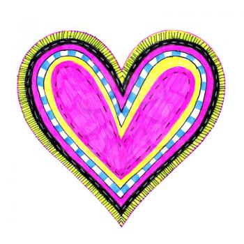 Bright color heart with abstract pattern on white background, hand draw