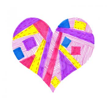 Bright color heart with abstract pattern on white background, hand draw