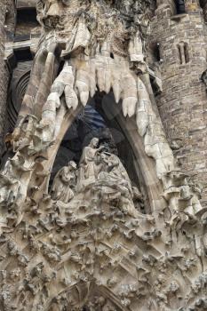 BARCELONA, SPAIN - SEPTEMBER 23, 2016: Detail of Nativity facade of Sagrada Familia church in Barcelona, Spain. Designed by Antoni Gaudi.