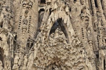 BARCELONA, SPAIN - SEPTEMBER 23, 2016: Detail of Nativity facade of Sagrada Familia church in Barcelona, Spain. Designed by Antoni Gaudi.
