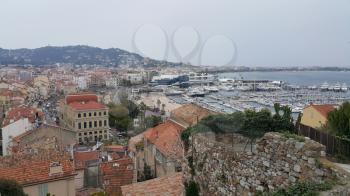 Aerial view of Le Suquet- the old town and Port Le Vieux of Cannes, France