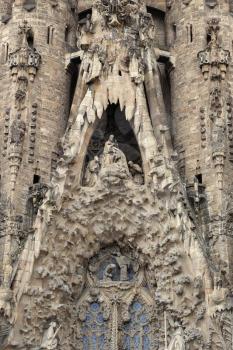 BARCELONA, SPAIN - OCTOBER 07, 2015: Detail of Nativity facade of Sagrada Familia church in Barcelona, Spain. Designed by Antoni Gaudi.
