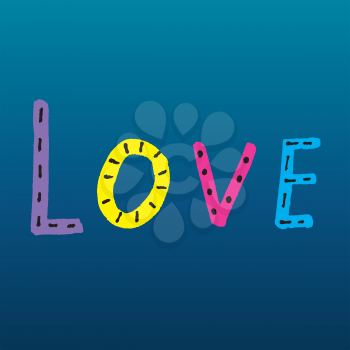 Word LOVE from colorful letters on blue gradient background, vector