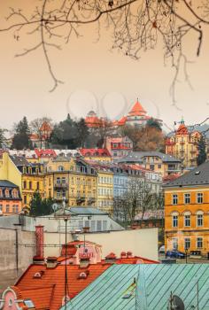 Cityscape of Karlovy Vary (Karlsbad) in the late autumn time, Famous Spa in Czech Republic