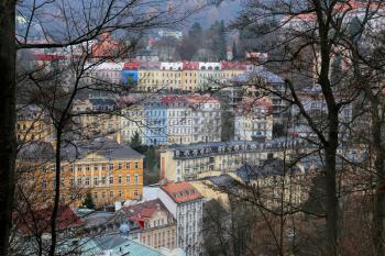 Cityscape of Karlovy Vary (Karlsbad) from the hill , Famous Spa in the late autumn time, Czech Republic