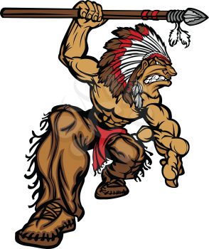 Cartoon Graphic of a native American Indian Chief Mascot holding a spear