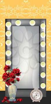 Royalty Free Clipart Image of a Mirror, Vase and Clock