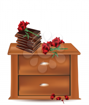 Royalty Free Clipart Image of a Nightstand With Books and Roses
