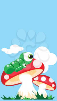 Royalty Free Clipart Image of a Caterpillar on Mushrooms
