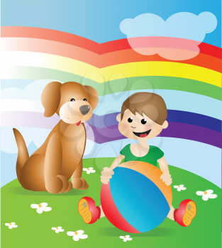 Royalty Free Clipart Image of a Kid Playing With a Dog