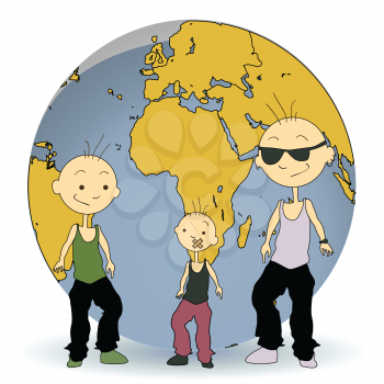 Royalty Free Clipart Image of Three Kids In Front of a Globe