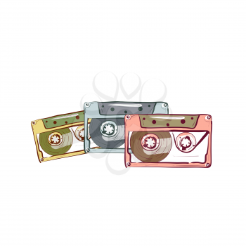 Illustration of three vintage audio cassette isolated on white background