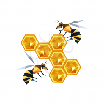 Illustration of origami honeycomb with bees isolated on white background