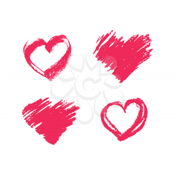 Collection of hand drawn chalk pink hearts isolated on white background