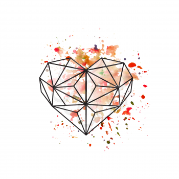 Illustration of geometric heart on watercolor background