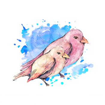 Illustration of hand drawn birds with blue watercolor background