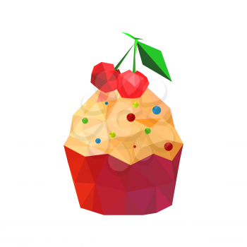 Illustration of origami cupcake with cherries isolated on white background