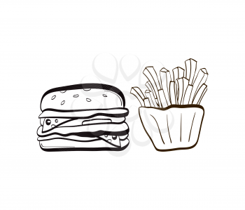 Illustration of doodle burger and fries icon isolated on white background