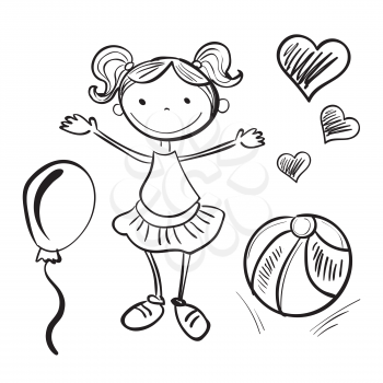 Illustration of hand drawn girl with toys isolated on white background