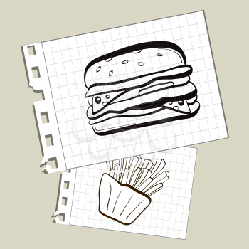 Illustration of doodle burger and fries on notepad paper