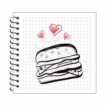 Illustration of doodle burger on notepad paper
