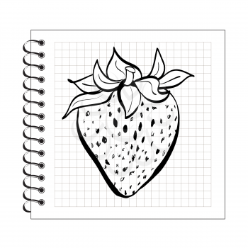 Illustration of doodle strawberry on spiral notepad paper isoalted on white background