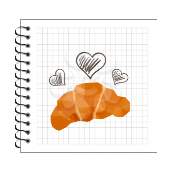Illustration of origami baked croissant on notepad paper
