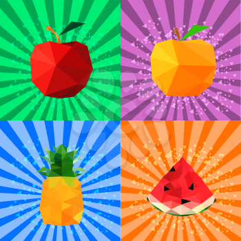 Collection of abstract origami fruits on retro background