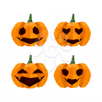 Illustration of funny halloween, origami pumpkins emoticons isolated on white background