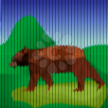 Illustration of knitted pattern with bear on mountain landscape