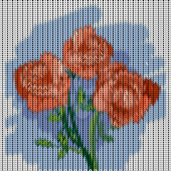 Illustration of knitted pattern with roses on blue background