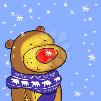 Illustration of cute bear with christmas scarf and doodle snowflakes