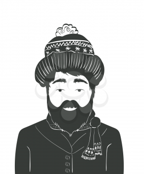 Illustration of modern beard man with hat and scarf isolated on white background